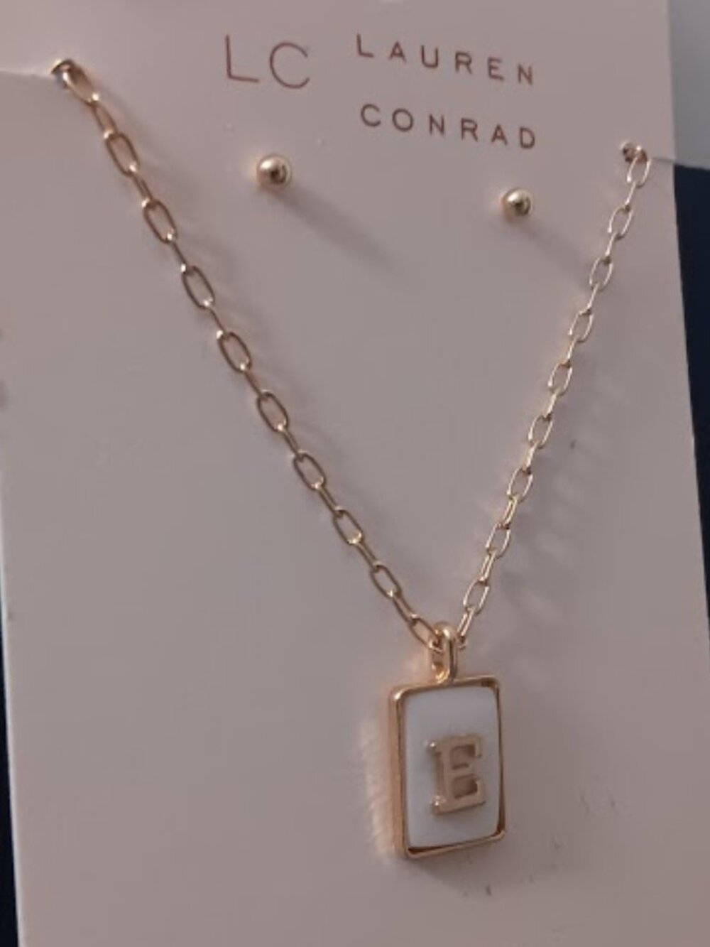 LC LAUREN CONRAD 2pc SET Gold Mother of Pearl 'E' Initial Necklace/Stud Earrings - Picture 4 of 4